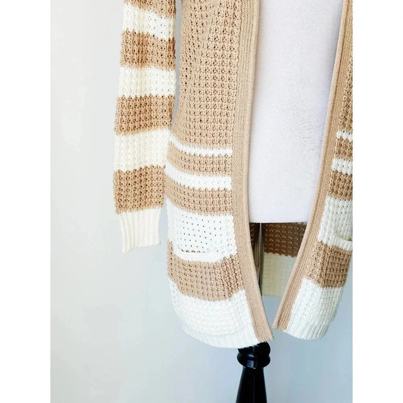 Striped Long Cardigan with Pockets Tan and Cream Size S - Picture 4 of 7
